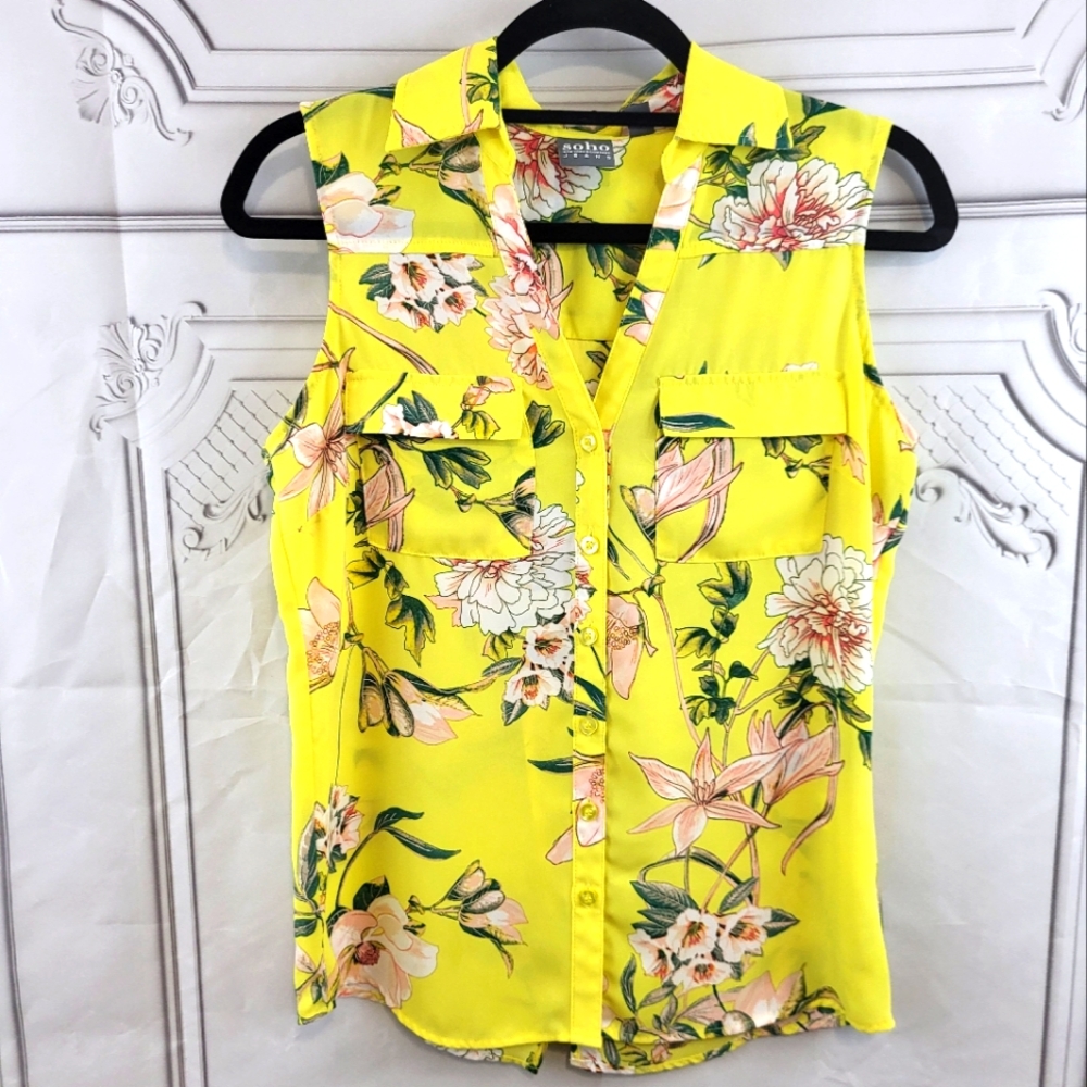 Soho Yellow Floral V-Neck Sleeveless Blouse Size XS